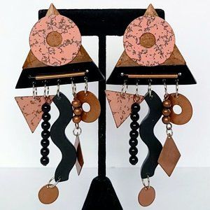 POST MODERN EARRINGS Coral Pink, Black, Copper 4.25" FRINGE DANGLE Pierced 1980s